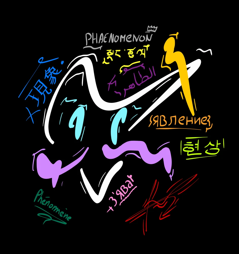 Le dessin original d’Adam MKHININI : des traits blancs, violets et cyan entourés du mot « phénomène » écrit dans plusieurs langues et alphabets