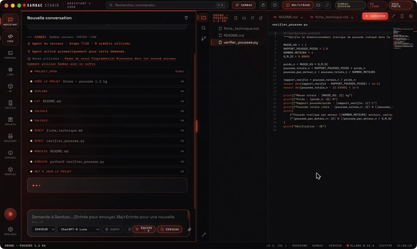 Trace de la tâche d’agent : étape 7 sur 16, 9 crédits utilisés, liste des actions et éditeur de code ouvert à côté sur verifier_poussee.py