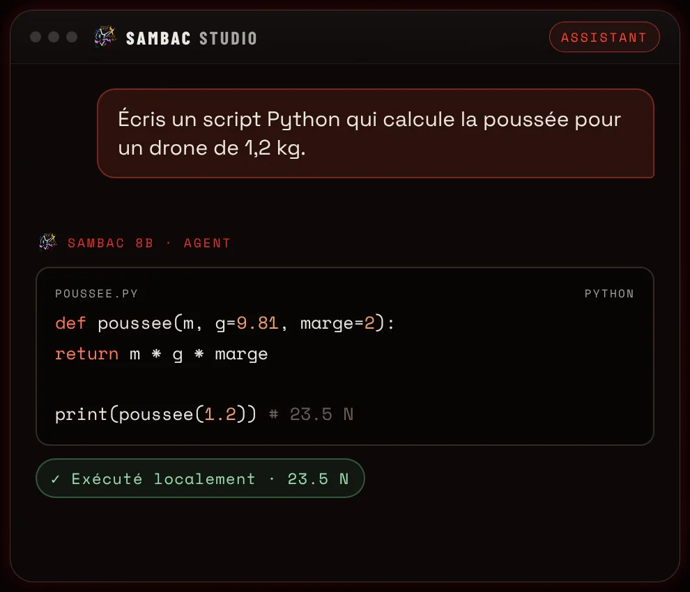 Interface de Sambac Studio : l’assistant exécute localement un script de calcul