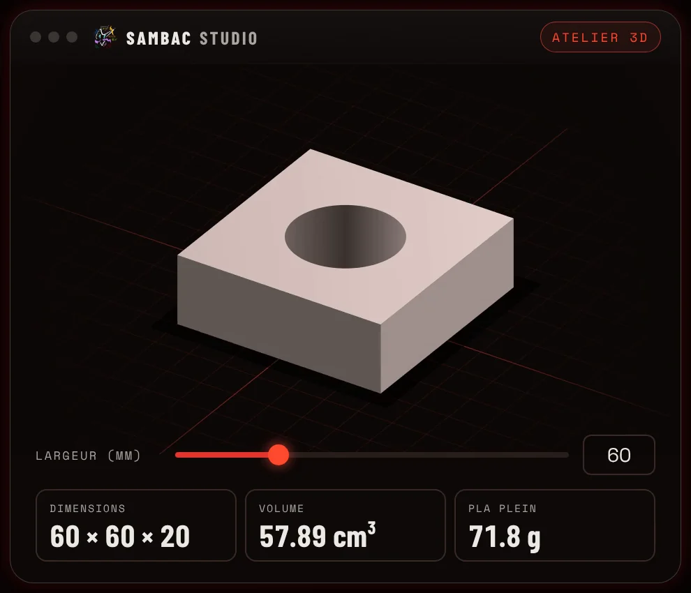 Interface Sambac Studio, module Atelier 3D : pièce modélisée avec dimensions et volume