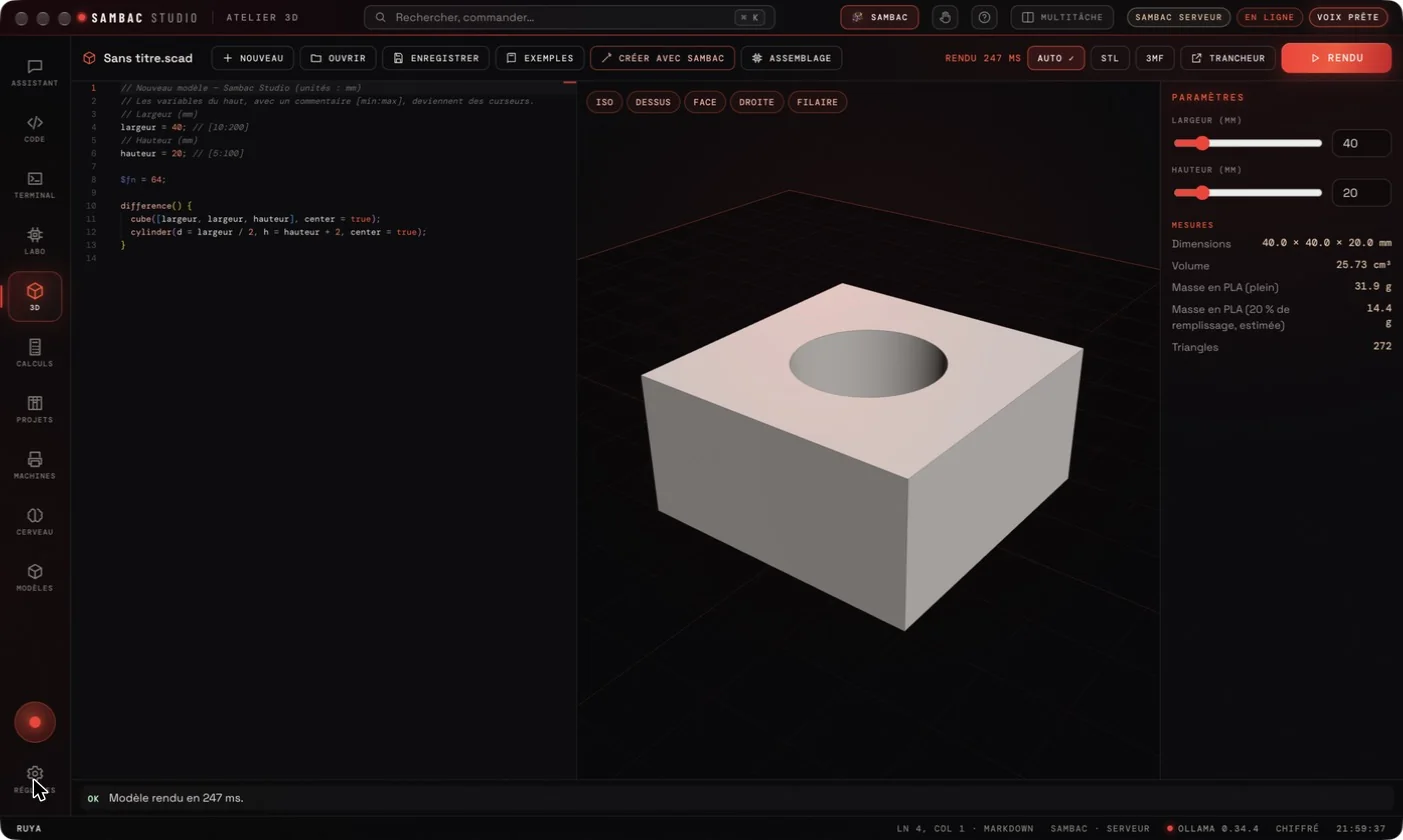 Module Atelier 3D : code paramétrique, bloc percé rendu en 247 ms, curseurs de largeur et de hauteur, volume et masse en PLA