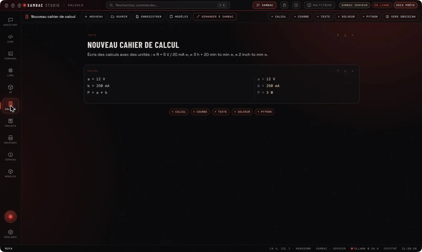 Module Calculs : cahier de calcul où a = 12 V et b = 250 mA donnent P = 3 W