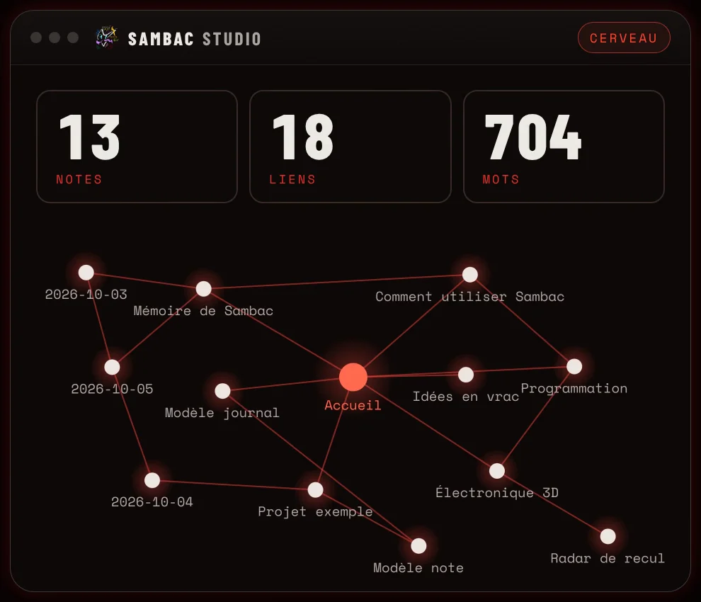 Interface Sambac Studio, module Cerveau : graphe de notes reliées