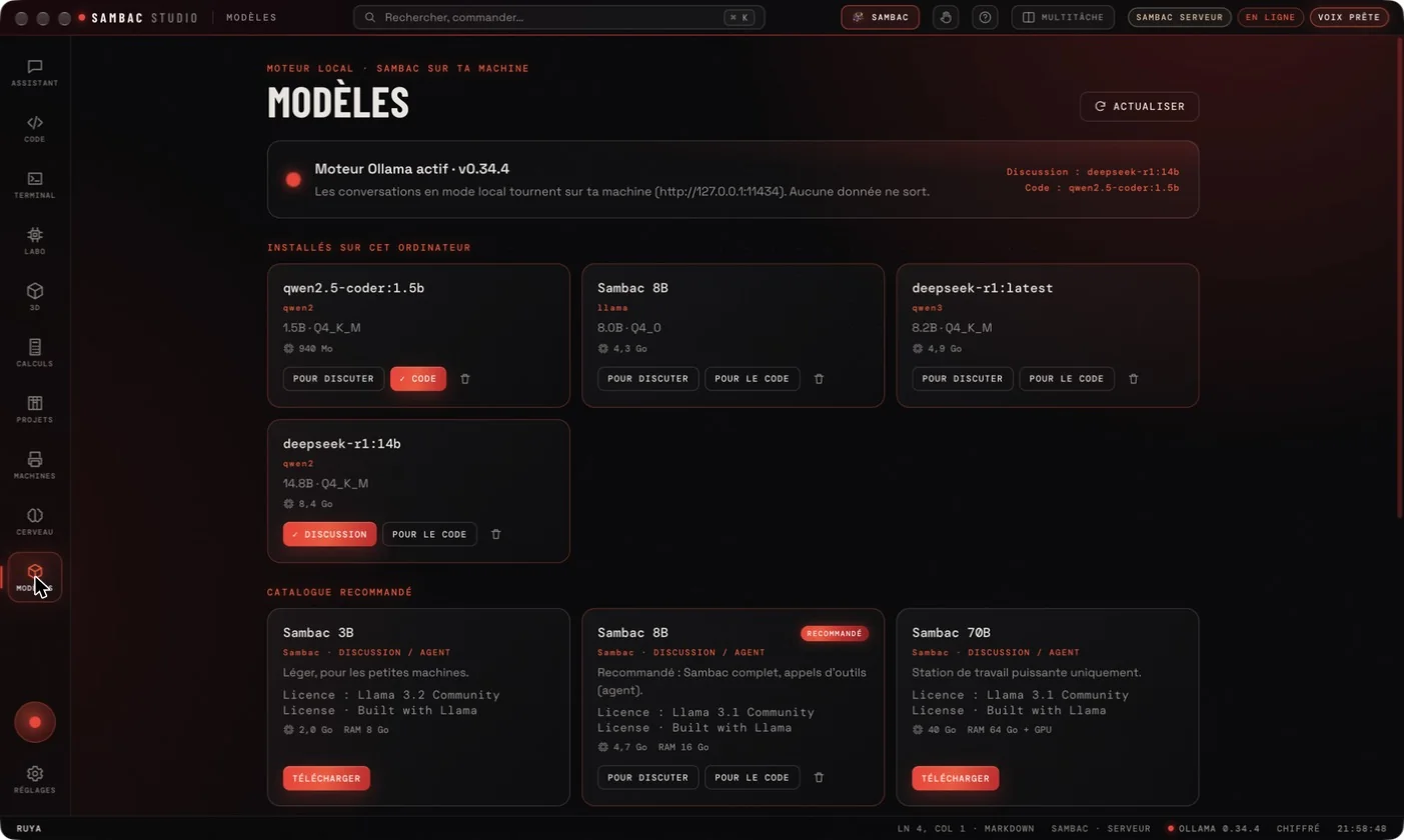Module Modèles : moteur Ollama actif en local, modèles installés et catalogue Sambac 3B, 8B et 70B