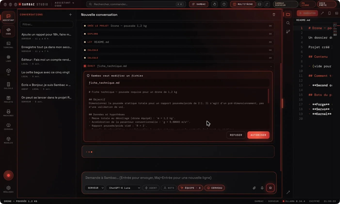 Encadré « Sambac veut modifier un fichier » avec l’aperçu du contenu de fiche_technique.md et les boutons Refuser et Autoriser